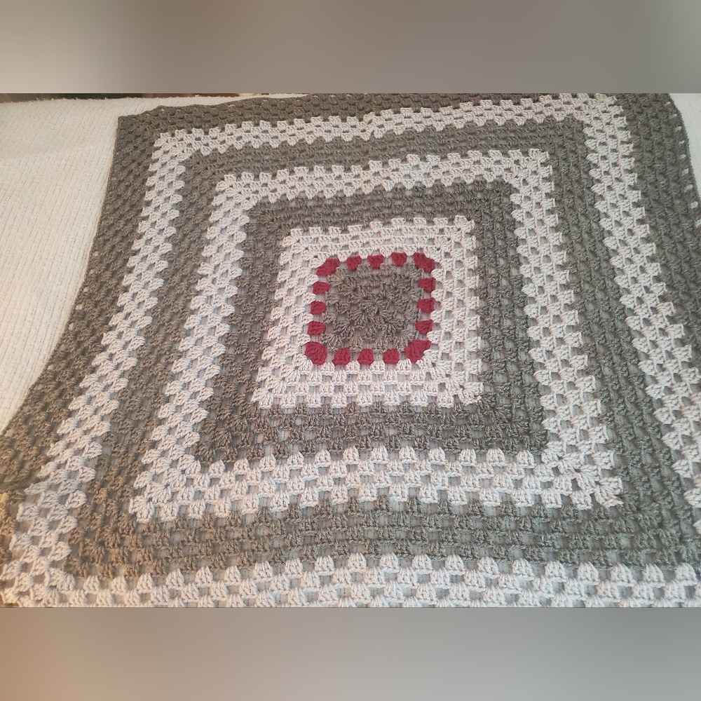 Afghan Handmade Crochet Blanket New with Gray and Red Accents